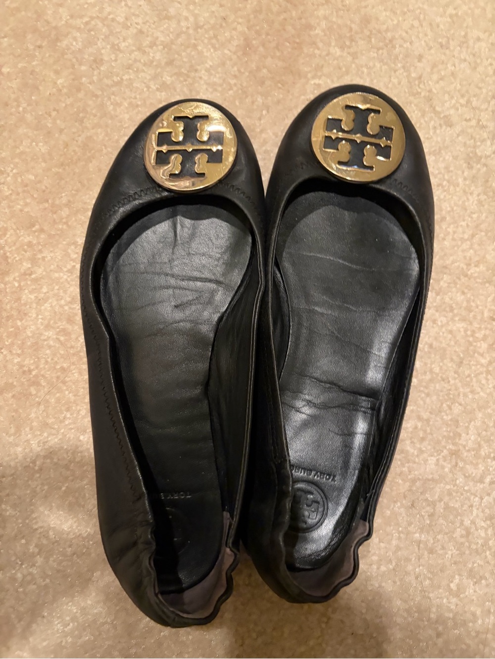 Tory Burch Black Leather Ballet Flats with Gold Logo